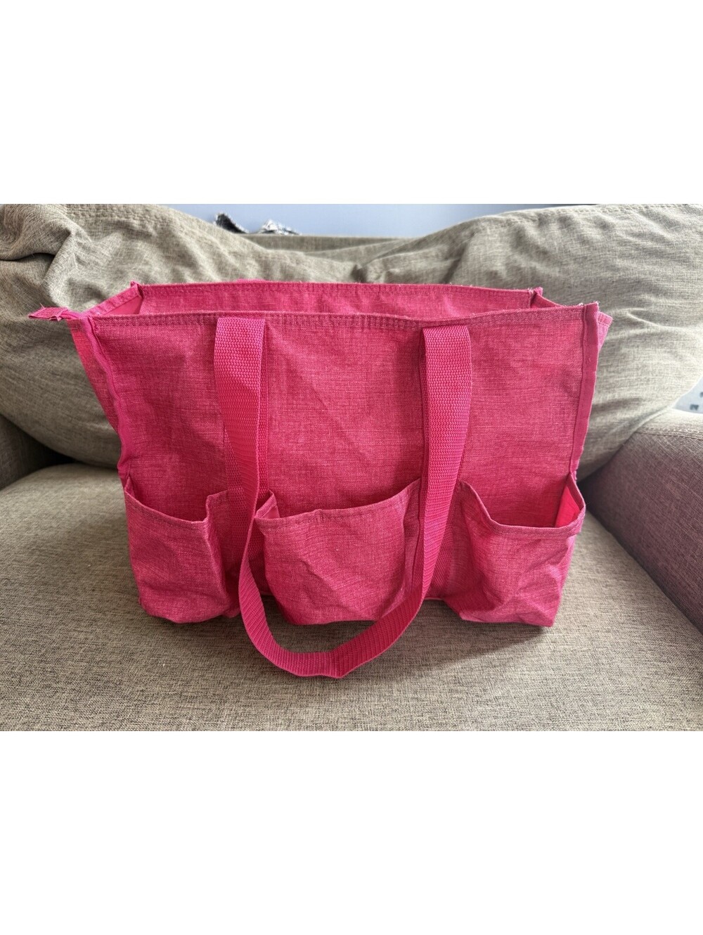 Thirty One Zip Top Organizing Utility Tote In Pink Crosshatch Pockets